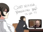  1boy 1girl anger_vein bald beard breaking_bad breasts closed_mouth coat couch english_text eren_yeager facial_hair glasses highres large_breasts mikasa_ackerman shingeki_no_kyojin sitting television tina_fate walter_white watching_television 