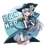 1girl ascot ban_hada blue_ascot blue_capelet blue_headwear blue_jacket capelet character_name clenched_hand collared_shirt eyebrows_visible_through_hair floating_hair gloves grey_hair grey_skirt highres jacket long_hair looking_down munyamunya_(munyamunya84) nijisanji nijisanji_kr shirt skirt smile solo white_gloves white_shirt 