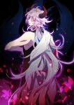  1boy androgynous bishounen black_pants black_shirt bug butterfly demon_horns fate/grand_order fate_(series) heeparang highres horns long_hair looking_back merlin_(fate) messy_hair multicolored_background pale_skin pants petals shirt silver_hair sleeveless sleeveless_shirt violet_eyes 