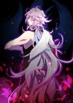  1boy androgynous bishounen black_pants black_shirt bug butterfly fate/grand_order fate_(series) heeparang highres long_hair looking_back merlin_(fate) messy_hair multicolored_background pale_skin pants petals shirt silver_hair sleeveless sleeveless_shirt violet_eyes 