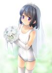  1girl bangs bare_shoulders black_hair blush bouquet bride choker closed_mouth collarbone commentary_request commission elbow_gloves eyebrows_visible_through_hair flower gloves highres holding holding_bouquet looking_at_viewer old_school_swimsuit original school_swimsuit see-through shibacha skeb_commission smile solo swimsuit thigh-highs tiara veil violet_eyes white_choker white_flower white_gloves white_legwear 