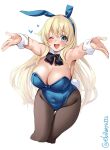  animal_ears atago_(kancolle) black_legwear blonde_hair blue_eyes blush breasts cropped_legs detached_collar ebifurya eyebrows_visible_through_hair fake_animal_ears foreshortening heart highres kantai_collection large_breasts leaning_forward long_hair looking_at_viewer one_eye_closed open_mouth outstretched_arms pantyhose playboy_bunny rabbit_ears rabbit_tail simple_background smile solo tail thigh_gap twitter_username white_background wrist_cuffs 