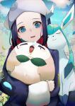  1girl absurdres akari_(pokemon) bird black_hair blue_eyes closed_eyes clouds cuddling galaxy_expedition_team_survey_corps_uniform glaceon head_scarf highres holding long_hair long_sleeves open_mouth owl pokemon pokemon_(creature) pokemon_(game) pokemon_legends:_arceus red_scarf rowlet san_(harutuki_3) scarf sidelocks sleeping smile white_headwear 