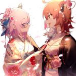  2girls :d ^_^ ahoge bangs blue-framed_eyewear blue_hakama bow cherry_blossoms closed_eyes closed_mouth creature e_(h798602056) fate/grand_order fate_(series) fou_(fate) fujimaru_ritsuka_(female) hair_ornament hair_over_one_eye hair_scrunchie hakama highres holding japanese_clothes kimono looking_at_another mash_kyrielight mash_kyrielight_(irohanihoheto) multicolored_bow multiple_girls official_alternate_costume on_shoulder one_side_up orange_eyes orange_hair petals print_kimono scrunchie side_ponytail simple_background smile upper_body waist_bow white_background 