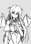  1girl absurdres alternate_costume bat_wings breasts collar commentary detached_sleeves eyebrows_visible_through_hair frilled_collar frills grey_background greyscale hair_between_eyes hand_on_own_chest head_wings highres koakuma long_hair looking_to_the_side medium_breasts monochrome necktie pointy_ears red_eyes sidelocks simple_background smile spot_color touhou user_fktf5478 very_long_hair wings 