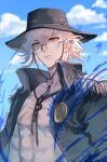  1boy :| chinese_commentary closed_mouth clouds edmond_dantes_(fate) edmond_dantes_(monte_cristo_selection)_(fate) expressionless fate/grand_order fate_(series) fedora glasses hat highres jacket jacket_on_shoulders jewelry looking_at_viewer lsuiany male_focus necklace pectorals scar silver_hair sky solo upper_body wavy_hair white_hair yellow_eyes 