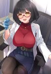  1girl :d bangs belt black_belt black_hair black_legwear blue_gloves blue_skirt blush breasts glasses gloves highres idolmaster idolmaster_cinderella_girls indoors jacket large_breasts long_sleeves looking_at_viewer mk_(mod0) on_chair open_clothes open_jacket open_mouth pantyhose pen_in_pocket red_shirt rubber_gloves semi-rimless_eyewear shirt short_hair sitting skirt smile solo swept_bangs takafuji_kako thighband_pantyhose white_jacket yellow_eyes 