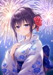  1girl aerial_fireworks bangs blue_eyes breasts closed_mouth eyebrows_visible_through_hair fireworks floral_print flower hair_between_eyes hair_bun hair_flower hair_ornament hand_up highres japanese_clothes kimono long_sleeves medium_breasts night night_sky obi original outdoors print_kimono purple_hair red_flower sash sky smile solo white_kimono wide_sleeves yumesaki 