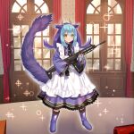  1girl apron blue_hair boots closed_mouth dragon_girl dragon_horns dragon_tail dress duel_monster full_body fuyuki_(neigedhiver) green_eyes gun heterochromia highres holding holding_gun holding_weapon horns howa_type_20 indoors laundry_dragonmaid long_sleeves maid multicolored_hair orange_eyes purple_hair smile solo tail v-shaped_eyebrows weapon wide_sleeves yu-gi-oh! 