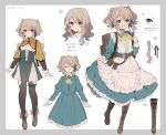  1girl ascot backpack bag belt blush boots braid breasts brown_hair capelet character_sheet closed_eyes closed_mouth clothes_lift commentary_request dress dress_lift eyebrows_visible_through_hair frilled_dress frills full_body green_dress hair_down hair_ornament highres ikeuchi_tanuma knee_boots lace_trim looking_at_viewer maid medium_hair open_mouth original outstretched_arms portrait pouch red_eyes short_twintails small_breasts smile spread_arms tino_(ikeuchi_tanuma) translation_request tsurime twintails yellow_ascot 