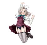  1girl absurdres antenna_hair blue_panties blue_ribbon boots breasts cosplay cross-laced_footwear dress garter_belt green_eyes grey_hair grey_legwear highres kantai_collection kinugasa_(kancolle) kinugasa_kai_ni_(kancolle) lace-up_boots long_hair long_sleeves makinami_(kancolle) makinami_(kancolle)_(cosplay) medium_breasts neck_ribbon one_side_up panties pleated_dress purple_dress ribbon school_uniform shirt solo thigh-highs tk8d32 underwear white_shirt 