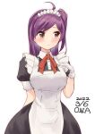  ahoge alternate_costume apron black_dress brown_eyes cowboy_shot dress enmaided frilled_apron frills gloves hagikaze_(kancolle) highres kantai_collection long_hair looking_to_the_side maid maid_headdress one-hour_drawing_challenge one_side_up owa_(ishtail) purple_hair simple_background white_apron white_background white_gloves 