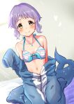  animal_costume bangs blush breasts collarbone commentary_request eyebrows_visible_through_hair fish_tail hakubaru heart idolmaster idolmaster_million_live! jewelry long_sleeves looking_at_viewer makabe_mizuki midriff navel necklace on_bed open_clothes purple_hair ribbed_swimsuit shark_costume shark_tail short_hair sidelocks simple_background sitting small_breasts smile solo sparks swimsuit swimsuit_under_clothes tail wariza wavy_hair yellow_eyes zipper 