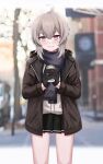  1girl absurdres bangs black_gloves black_skirt blush brown_jacket closed_mouth coffee_cup cup daisy_cutter disposable_cup eyebrows_visible_through_hair feet_out_of_frame girls_frontline gloves grey_hair highres holding holding_cup jacket looking_at_viewer m200_(girls&#039;_frontline) open_clothes open_jacket purple_scarf scarf scenery shirt short_hair skirt smile solo standing violet_eyes white_shirt 