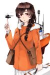 1girl aircraft bag bangs braid breasts brown_hair clothes_writing commentary fur-trimmed_jacket fur_trim hair_between_eyes holding index_finger_raised jacket kantai_collection kurou_(bcrow) long_hair long_sleeves looking_at_viewer medium_breasts orange_eyes orange_jacket pleated_skirt rigging simple_background single_braid skirt solo souya_(kancolle) suitcase white_background white_skirt 