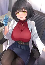  1girl :d bangs belt black_belt black_hair black_legwear blue_gloves blue_skirt blush breasts gloves highres idolmaster idolmaster_cinderella_girls indoors jacket large_breasts long_sleeves looking_at_viewer mk_(mod0) on_chair open_clothes open_jacket open_mouth pantyhose pen_in_pocket red_shirt rubber_gloves shirt short_hair sitting skirt smile solo swept_bangs takafuji_kako thighband_pantyhose white_jacket yellow_eyes 