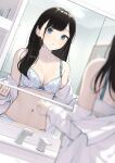  1girl absurdres bare_shoulders bathroom black_hair blue_eyes blurry blurry_foreground bra breasts highres long_hair looking_at_viewer medium_breasts mirror navel off_shoulder open_clothes open_shirt original parted_lips reflection shirt solo stomach takenoko_no_you underwear white_bra white_shirt 