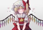  1girl ascot blonde_hair blush bow closed_mouth crystal eyebrows_visible_through_hair fang flandre_scarlet frilled_shirt_collar frilled_sleeves frills hair_between_eyes hat hat_bow heart highres looking_at_viewer medium_hair mob_cap one-hour_drawing_challenge one_side_up red_bow red_eyes red_skirt red_vest short_sleeves simple_background skirt skirt_set smile solo touhou tsurime upper_body vest white_background white_headwear wings yellow_ascot yuma_(yuuma_pants) 