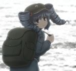  1girl alternate_hairstyle backpack bag blue_eyes blue_hair blurry blurry_background bokeh commentary depth_of_field drill_hair from_behind frown hair_bobbles hair_ornament hat highres kawashiro_nitori long_sleeves looking_at_viewer looking_back shirosato solo touhou twin_drills 