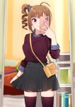  1girl ahoge bag bangs bedroom black_skirt blue_shirt blurry blurry_background bracelet brown_hair carrying cellphone closed_mouth collared_shirt commentary drill_hair earrings eyebrows_visible_through_hair grey_scrunchie hair_ornament hair_scrunchie handbag holding holding_photo idolmaster idolmaster_million_live! indoors jewelry kamille_(vcx68) long_sleeves looking_at_mirror looking_at_viewer medium_hair miniskirt mirror phone photo_(object) purple_legwear purple_shirt scrunchie selfie shirt side_ponytail skirt skirt_hold smartphone smile solo standing thigh-highs violet_eyes yokoyama_nao 