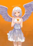  1girl absurdres angel_wings bangs bare_arms bare_shoulders brown_eyes closed_mouth collarbone commentary dress english_commentary eyebrows_visible_through_hair feathered_wings hair_between_eyes halo hands_up heart highres ichika_(ichika87) looking_at_viewer orange_background original short_hair sleeveless sleeveless_dress smile solo standing white_dress white_hair white_wings wings 