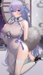  1girl absurdres azur_lane bangs bare_shoulders black_footwear blush breasts china_dress chinese_clothes closed_mouth clothing_cutout commentary covered_navel dress eyebrows_visible_through_hair feather_boa garter_straps hair_between_eyes hair_ornament hand_up high_heels highres holding kneeling large_breasts long_hair looking_at_viewer nanam_(nanam_sk) official_alternate_costume pelvic_curtain rodney_(azur_lane) rodney_(immaculate_beauty)_(azur_lane) sleeveless sleeveless_dress solo tassel thighs very_long_hair violet_eyes white_dress white_legwear 