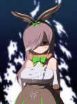  1girl animal_ears bare_shoulders blush bow bowtie breasts brown_hair closed_mouth european_hare_(kemono_friends) eyebrows eyebrows_visible_through_hair fire hair_ornament hair_over_one_eye kemono_friends large_breasts long_hair looking_at_viewer rabbit_ears red_eyes rest_in_muni ribbon shaded_face simple_background skirt smile solo 