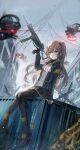  1girl :/ absurdres air_conditioner barbed_wire black_legwear brown_hair building drone eyebrows_visible_through_hair flat_chest girls_frontline gun h&amp;k_ump h&amp;k_ump45 hair_between_eyes highres holding holding_gun holding_weapon jacket long_hair looking_at_viewer mrr_05 one_side_up pantyhose rain scar scar_across_eye scar_on_face shipping_container shirt sidelocks sitting solo submachine_gun transmission_tower ump45_(girls&#039;_frontline) unzipped weapon white_shirt yellow_eyes 