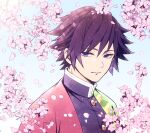  1boy absurdres alternate_hair_length alternate_hairstyle bangs black_hair blue_eyes blue_sky branch day flower haori highres japanese_clothes kimetsu_no_yaiba long_sleeves looking_at_viewer male_focus mochiii-s nature petals pink_flower portrait short_hair sky smile solo tomioka_giyuu 