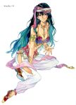  1girl agahari anklet aqua_hair arabian_clothes arm_support armlet bare_shoulders beads between_breasts black_hair bra bracelet breasts character_request circlet clothing_cutout coin_(ornament) collarbone earrings full_body gem hair_between_eyes harem_outfit harem_pants head_scarf jewelry long_hair looking_at_viewer lost_technology navel necklace non-web_source outstretched_hand pants purple_bra red_footwear shoe_soles shoes side_cutout simple_background sitting smile solo spaghetti_strap tassel underwear very_long_hair violet_eyes white_background yokozuwari 