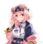  1girl animal_ears arknights bangs belt black_hairband black_skirt blue_bow blush bow braid cat_ears commentary glasses goldenglow_(arknights) hair_between_eyes hair_bow hairband hand_up highres jacket lanyard lightning_bolt_print long_hair long_sleeves looking_at_viewer open_clothes open_jacket pink_belt pink_hair red-framed_eyewear sd4869 shirt simple_background single_braid skirt solo upper_body white_background white_shirt yellow_eyes 
