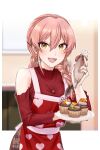  1girl apron cupcake earrings food highres icing idolmaster idolmaster_cinderella_girls jewelry jougasaki_mika lipstick makeup nail_polish necklace pastry_bag pink_hair pinky_ring red_sweater sweater tao_tao_mao yellow_eyes 