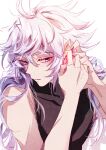  1boy bishounen black_shirt blush colored_tips earrings facing_viewer fate/grand_order fate_(series) heeparang jewelry looking_to_the_side merlin_(fate) messy_hair multicolored_hair pale_skin purple_hair putting_on_jewelry shirt sleeveless violet_eyes white_hair 