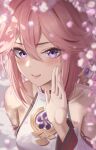  1girl bare_shoulders blurry blurry_foreground breasts brooch cherry_blossoms depth_of_field detached_sleeves earrings flower genshin_impact hand_up highres japanese_clothes jewelry long_hair long_sleeves looking_at_viewer marinesnow open_mouth pink_flower pink_hair smile solo violet_eyes wide_sleeves yae_miko 