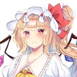  1girl ascot bangs blonde_hair blush bow closed_mouth collarbone crystal eyebrows_visible_through_hair flandre_scarlet frilled_shirt_collar frills frown hair_bow hat highres long_hair looking_at_viewer mob_cap one_side_up puffy_short_sleeves puffy_sleeves red_bow short_sleeves simple_background slit solo touhou upper_body white_background white_headwear wings yellow_ascot yyghh_ii 