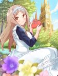  1girl blonde_hair building clouds flower gift holding holding_gift long_hair maid noda_kotone sakura_trick sitting sky smile solo tachi_(gutsutoma) tree 