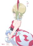  arm_wrap blonde_hair blue_eyes breasts hairband highres irida_(pokemon) jewelry neck_ring pointy_breasts pokemon pokemon_(game) pokemon_legends:_arceus red_hairband red_shirt shirt shorts simple_background small_breasts strapless strapless_shirt susinoyama waist_cape white_background white_shorts 