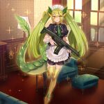  1girl apron black_dress breasts closed_mouth dragon_girl dragon_tail dress duel_monster full_body fuyuki_(neigedhiver) green_hair gun heterochromia highres holding holding_gun holding_weapon howa_type_20 indoors light_smile long_hair maid necktie orange_eyes parlor_dragonmaid short_sleeves solo tail thigh-highs twintails very_long_hair weapon yellow_eyes yu-gi-oh! 