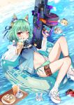  1girl ;p animal_ear_fluff animal_ears bangs bikini blue_hair blue_ribbon blue_shirt blush breasts cat_ears character_doll cup drinking_straw ear_ribbon eyebrows_visible_through_hair food green_bikini green_hair green_nails gun hair_ornament holding holding_food holding_gun holding_weapon hololive hololive_fantasy houshou_marine ice_cream ice_cream_cone innertube looking_at_viewer midriff multicolored_hair nail_polish navel one_eye_closed outdoors plate red_eyes ribbon sandals shiranui_flare shirogane_noel shirt sidelocks small_breasts solo star_(symbol) star_hair_ornament streaked_hair swimsuit thigh_strap tongue tongue_out uruha_rushia usada_pekora virtual_youtuber wa_ga_ne water weapon 