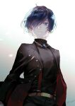  1boy belt black_coat black_pants black_shirt blue_eyes blue_hair chain coat gradient gradient_background grey_background hair_over_one_eye highres long_sleeves looking_at_viewer lor_(roasyerizyonirapi) male_focus open_clothes open_coat pants parted_lips persona persona_3 red_belt shiny shiny_hair shirt short_hair solo suspenders white_background yuuki_makoto 
