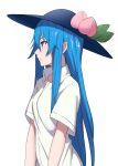 1girl blue_hair blue_headwear closed_mouth collarbone collared_shirt dress_shirt from_side hair_between_eyes hat highres hinanawi_tenshi long_hair profile red_eyes shiny shiny_hair shirt short_sleeves simple_background solo straight_hair sun_hat touhou upper_body very_long_hair white_background white_shirt wing_collar yoshinatsu 