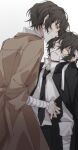  2boys bandaged_arm bandaged_head bandaged_neck bandages bangs black_necktie brown_eyes brown_hair bungou_stray_dogs chinese_commentary closed_eyes collared_shirt commentary_request dazai_osamu_(bungou_stray_dogs) dress_shirt formal hair_between_eyes highres male_focus multiple_boys necktie shirt short_hair simple_background suit waistcoat white_background white_shirt ziyi_zhengjun 
