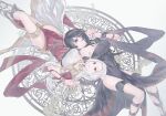  2girls alternate_costume armlet bracelet breasts byleth_(fire_emblem) byleth_eisner_(female) dancer dancer_(three_houses) dress edelgard_von_hresvelg fire_emblem fire_emblem:_three_houses highres holding_hands jewelry lying multiple_girls official_alternate_costume on_back shawl silver_hair single-shoulder_dress smile thighlet user_cwwh3722 