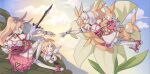  2girls bangs bianka_durandal_ataegina blonde_hair blue_eyes blue_sky clouds cloudy_sky cosplay crown dress flower full_body gloves halo homu_(honkai_impact) honkai_(series) honkai_impact_3rd mararu multiple_girls outdoors pink_dress pink_eyes pink_footwear polearm ponytail side_ponytail sky spear theresa_apocalypse theresa_apocalypse_(sakura_rondo) theresa_apocalypse_(sakura_rondo)_(cosplay) thigh-highs weapon white_flower white_gloves white_hair white_legwear 