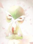  blurry blush closed_eyes closed_mouth commentary_request daifuku_(pokefuka_art) eyelashes facing_viewer gardevoir head_tilt interlocked_fingers own_hands_together petals pokemon pokemon_(creature) smile solo 