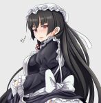  1girl alternate_costume apron artist_name black_dress black_hair blush closed_mouth dated dress enmaided eyebrows_visible_through_hair frilled_dress frilled_sleeves frills grey_background hat isokaze_(kancolle) juliet_sleeves kantai_collection long_hair long_sleeves maid maid_apron mob_cap puffy_sleeves red_eyes signature simple_background solo tk8d32 upper_body white_apron white_headwear 