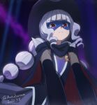  1girl black_cape black_gloves black_headwear blue_background braid cape closed_mouth commentary_request dated delicious_party_precure elbow_gloves gentle_(precure) gloves haruyama_kazunori hat long_hair looking_at_viewer mask precure red_eyes solo twin_braids twitter_username white_hair 