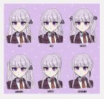  1girl alternate_hairstyle bangs black_jacket black_ribbon blunt_bangs border braid brown_necktie collared_shirt commentary_request cropped_torso danganronpa:_trigger_happy_havoc danganronpa_(series) eyebrows_visible_through_hair hair_ribbon hair_up highres jacket kirigiri_kyouko kkijo long_hair looking_at_viewer necktie open_clothes open_jacket pink_background portrait ribbon shirt side_braid single_braid translation_request twintails violet_eyes white_border 