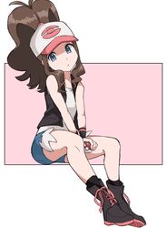  1girl baseball_cap black_legwear black_vest blue_eyes boots brown_hair denim denim_shorts eyelashes full_body hat head_tilt high_ponytail highres hilda_(pokemon) holding holding_poke_ball invisible_chair koniko_(525lj) long_hair looking_at_viewer poke_ball poke_ball_(basic) pokemon pokemon_(game) pokemon_bw shirt shorts sidelocks sitting sleeveless sleeveless_shirt socks solo vest white_shirt wristband 