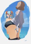  2girls alternate_costume aqua_hair ass back bangs bare_shoulders blue_eyes blue_swimsuit brown_hair competition_swimsuit cropped_legs eyebrows_visible_through_hair girls_frontline heterochromia highres jellyfish kion-kun kord_(girls&#039;_frontline) light_brown_hair looking_at_another looking_at_viewer m1895_cb_(girls&#039;_frontline) multiple_girls on_water one-piece_swimsuit pink_eyes shirt short_hair simple_background standing swimsuit thighs twintails twitter_username wet wet_clothes wet_shirt white_shirt 